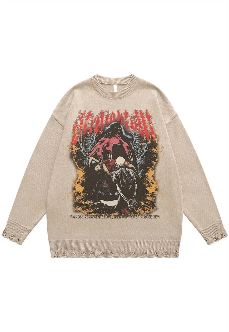 Gothic sweater 80s print jumper ripped knitted top in grey