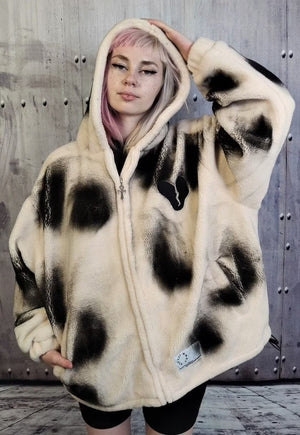 Tiedye fleece jacket faux fur bomber punk heart jacket cream