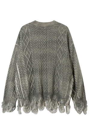 Grunge cardigan oil wash cable knitted ripped punk sweater