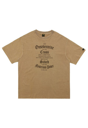 Cross print t-shirt Gothic writing tee grunge punk top brown