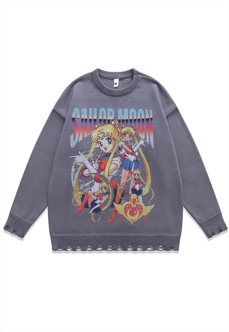 Anime sweater knitted distressed jumper in black