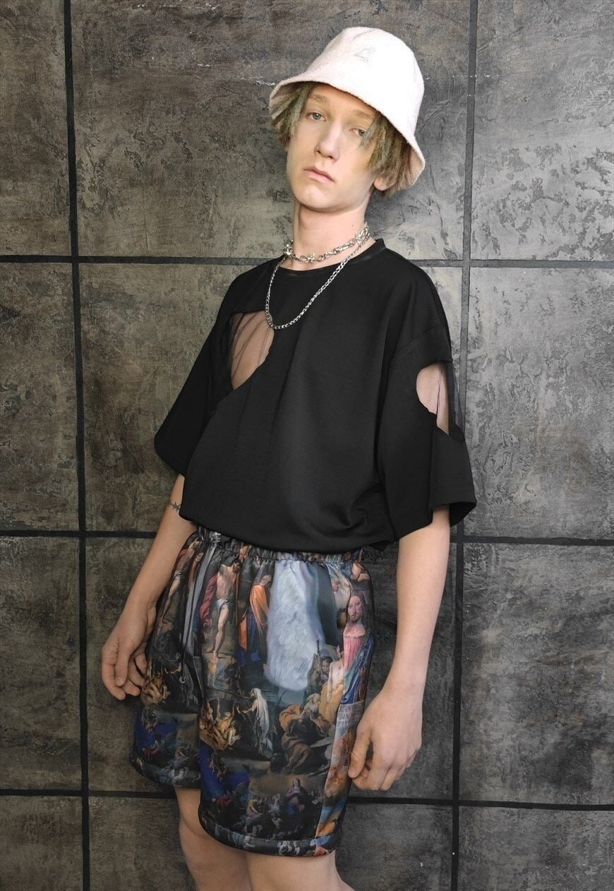 Baroque print shorts handmade religion Gothic overalls blue