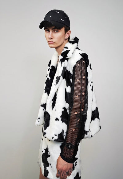 Short cow print coat faux fur cropped animal print trench