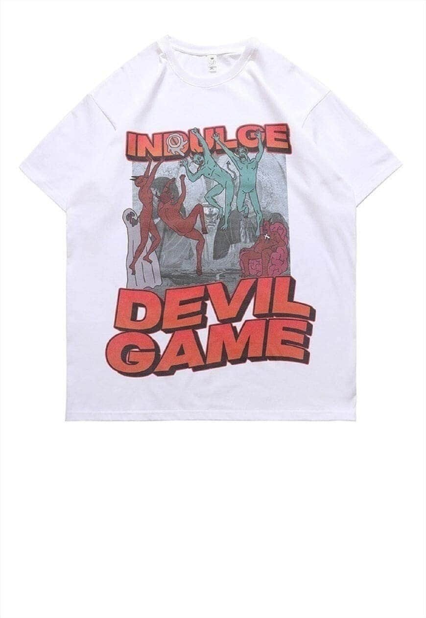 Devil print t-shirt punk tee Gothic game top in White