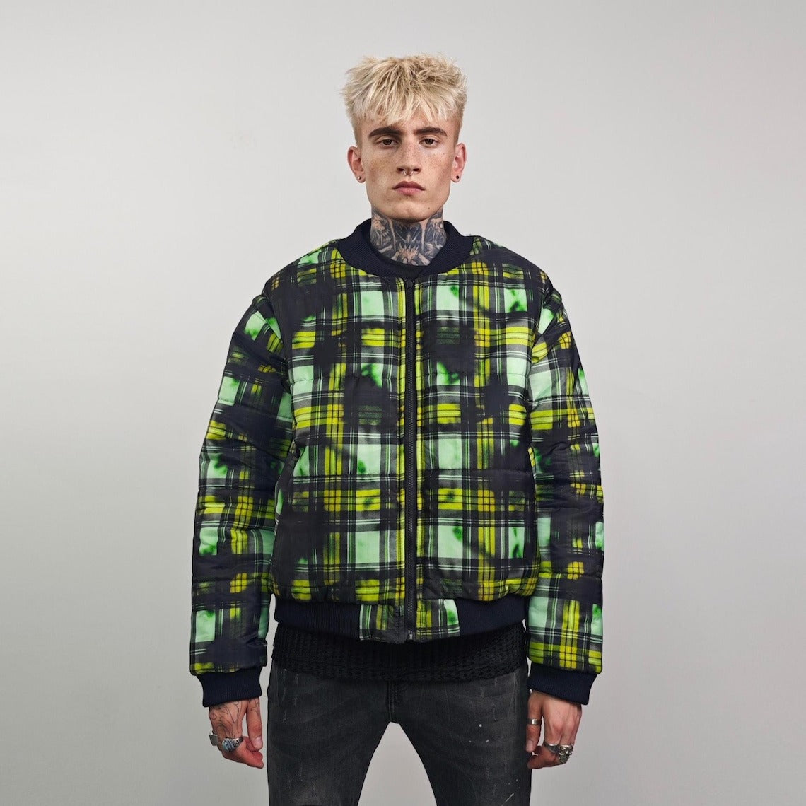 Tie-dye check bomber green brat jacket raver reversible college varsity detachable sleeves handmade plaid puffer grunge punk rocker coat