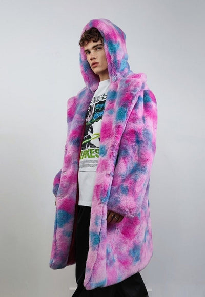 Tie-dye pink fleece gradient coat long fluffy hooded trench