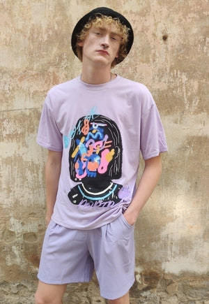 Abstract print t-shirt thin graffiti tee in purple