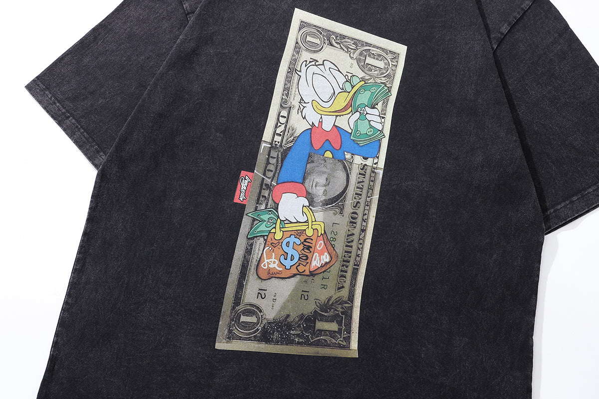 Greedy duck t-shirt money print tee classic cartoon top in vintage grey