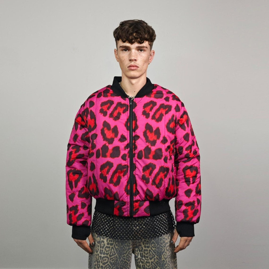 Leopard jacket neon pink animal print bomber reversible cheetah college varsity detachable sleeves handmade rave puffer grunge festival coat