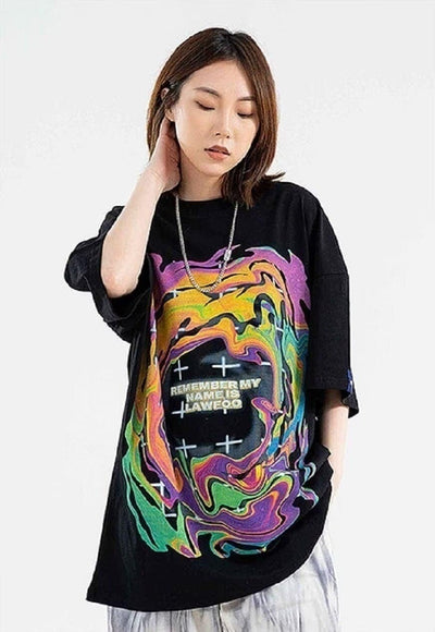 Flame t-shirt abstract sky tee skater neon top in black