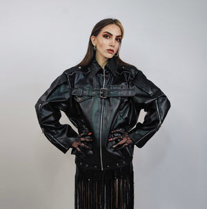 Faux leather biker jacket grunge motorcycle bomber PU utility coat belted racing trench rave varsity rubber high fashion gothic puffer black