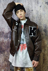 Retro varsity jacket faux leather punk MA-1 bomber in brown