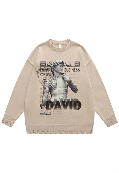 David statue sweater ripped jumper grunge knitted top black