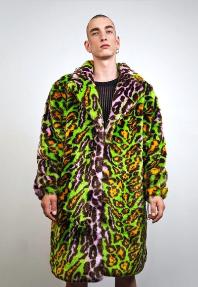 Leopard fauxfur coat green neon animal print festival trench