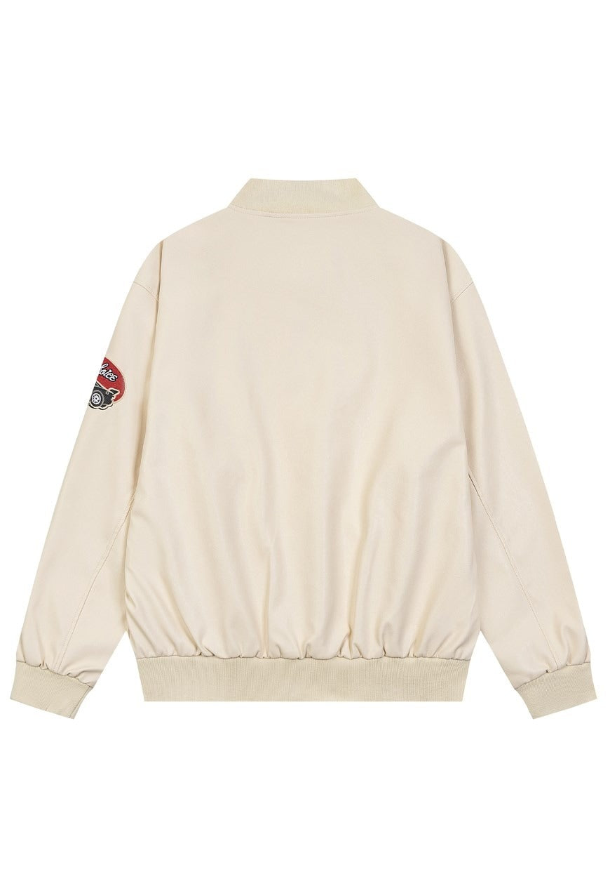 Faux leather racing jacket motorsports PU patchwork bomber