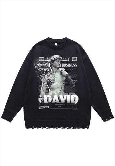 David statue sweater ripped jumper grunge knitted top beige