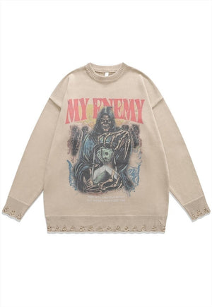 Creepy sweater skeleton knit distressed horror jumper grey