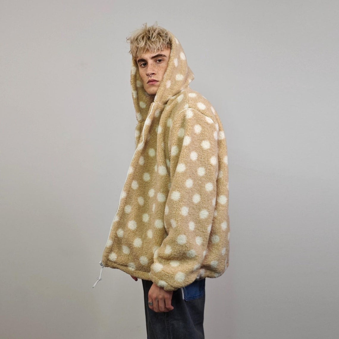 Polka dot fleece jacket beige spot pattern hood bomber retro geometric coat detachable sleeves handmade preppy overcoat fluffy festival set