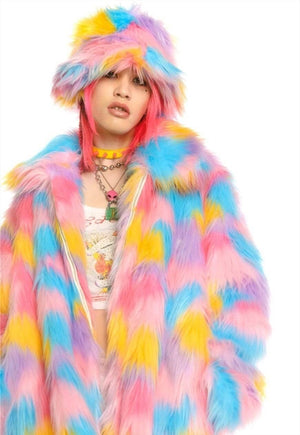 Rainbow bucket hat faux fur fluffy unicorn hat rave cap pink