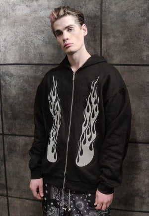 Silver flame hoodie premium metallic fire pullover black