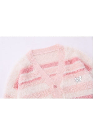 Horizontal stripe cardigan knitted jumper fluffy fleece top