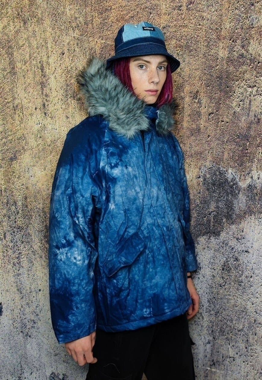 Gradient space print parka tie-dye print bomber coat in blue