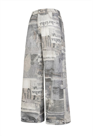 Newspaper print jeans graffiti denim pants bleached trousers