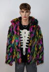 Hooded faux fur stripe neon jacket festival bomber rave coat