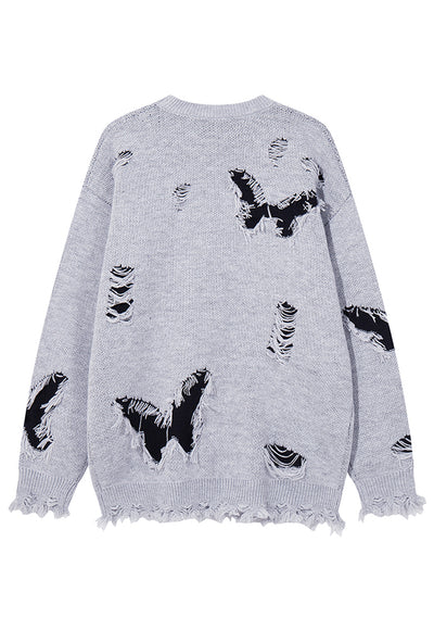 Ripped gothic sweater shredded butterfly pattern jumper grey