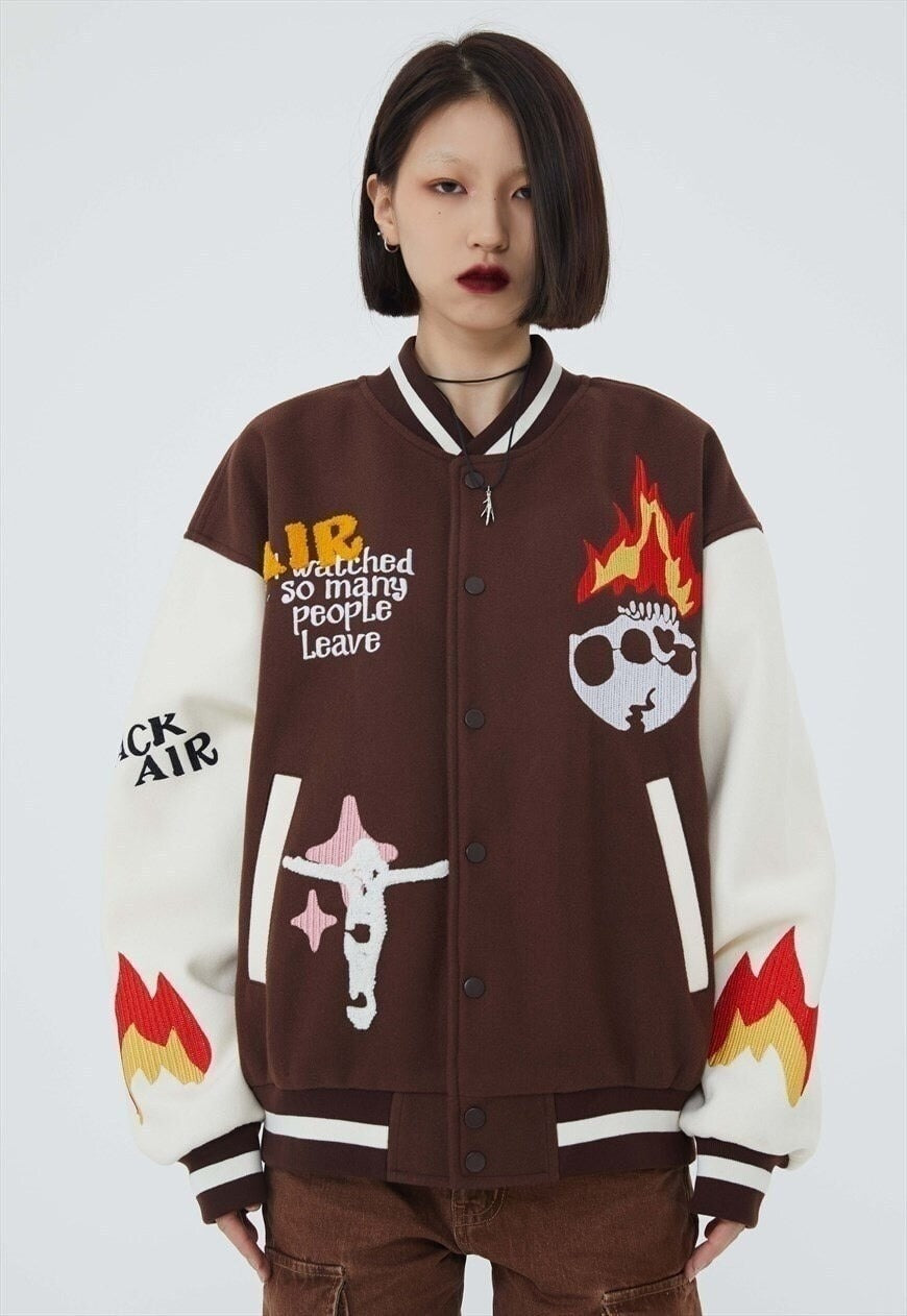 Flame varsity jacket faux leather skeleton bomber in black