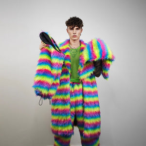 Rainbow shaggy fur coat longline striped carnival trench Gay overcoat fuzzy rave bomber Pride festival jacket LGBT custom fluffy peacoat