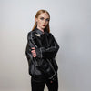 Faux leather racing jacket contrast stitching biker jacket premium rocker varsity 80s motorcycle college bomber metal buckle coat in black