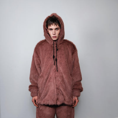 Faux fur luxury jacket handmade premium fleece bomber detachable fluffy hooded coat 2 in 1 fluffy jacket in brown