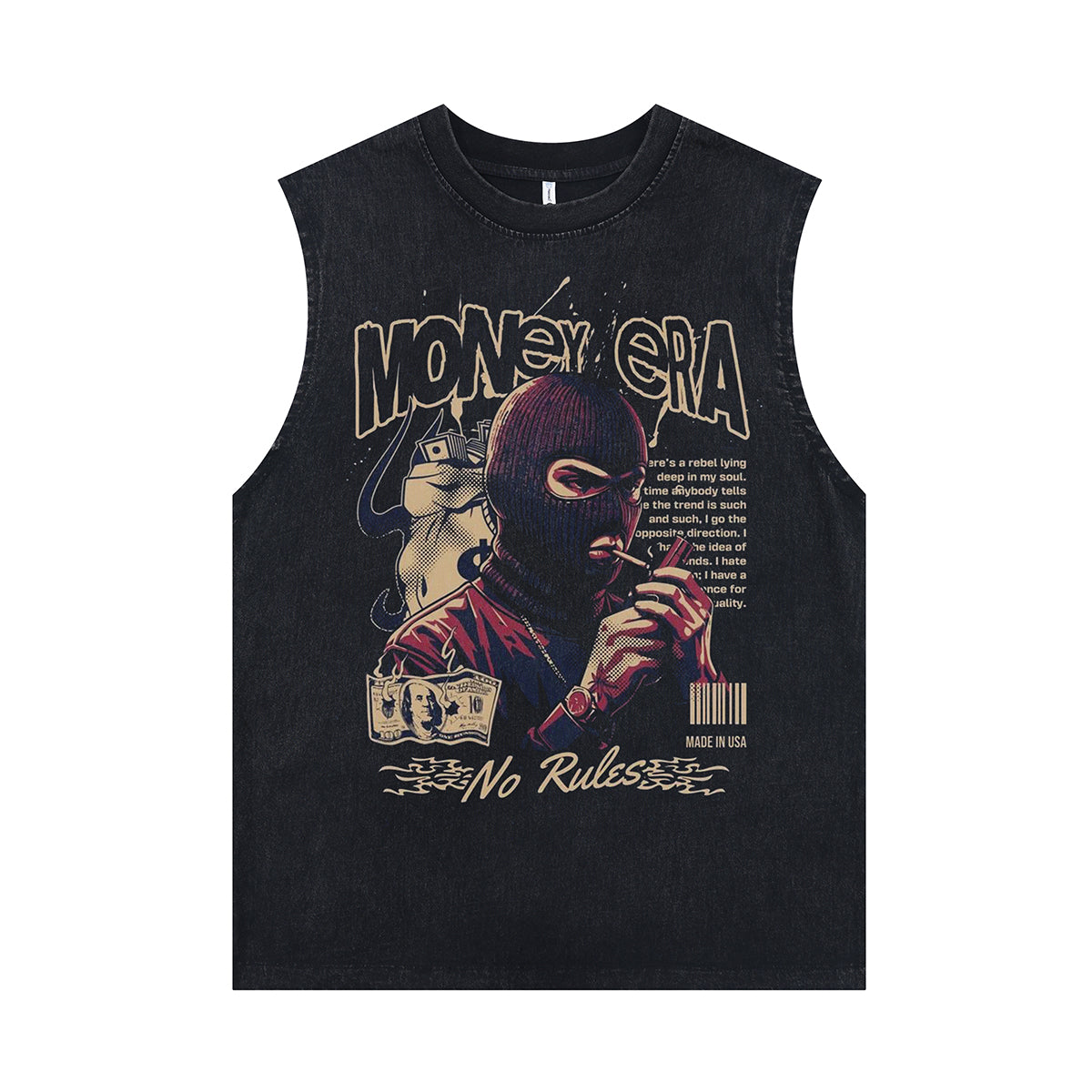 Gangster sleeveless t-shirt balaclava print surfer vest 00s hip-hop tank top in acid wash black