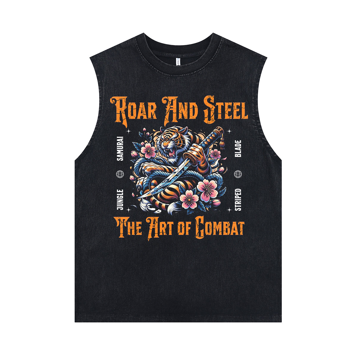 Japanese cartoon sleeveless t-shirt Bengal tiger cartoon surfer vest Samurai poster tank top in acid wash black
