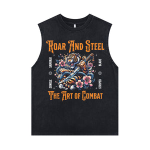 Japanese cartoon sleeveless t-shirt Bengal tiger cartoon surfer vest Samurai poster tank top in acid wash black