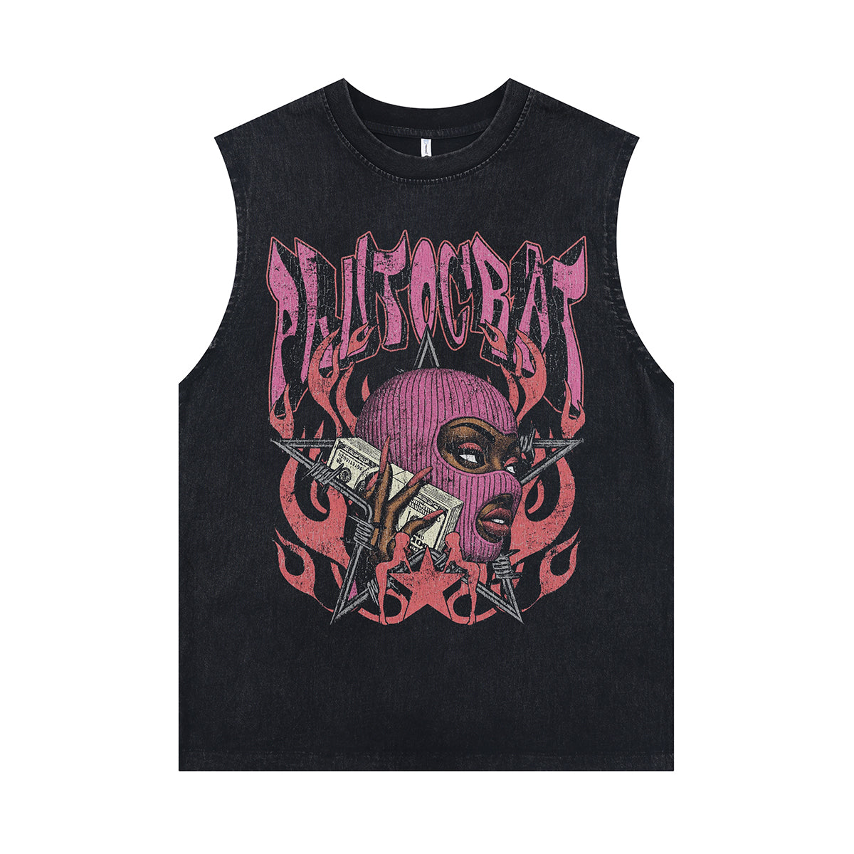Balaclava print sleeveless t-shirt aristocrat slogan surfer vest gangster tank top in acid wash black