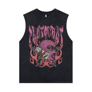 Balaclava print sleeveless t-shirt aristocrat slogan surfer vest gangster tank top in acid wash black