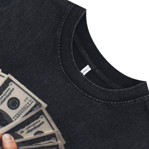 Hip-hop sleeveless t-shirt money print surfer vest 00s gangster tank top in acid wash black