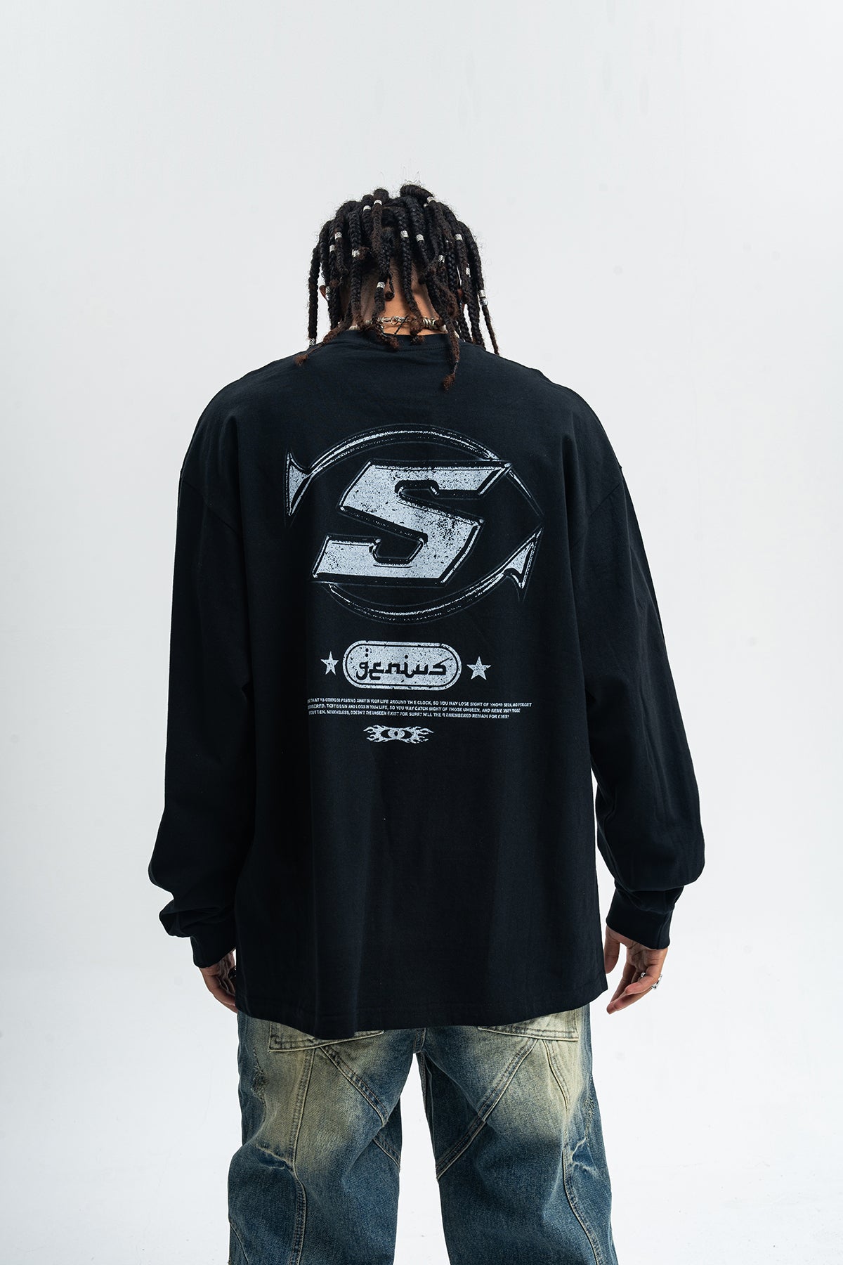 Genius slogan jumper 00s grunge long sleeve top skater t-shirt in black