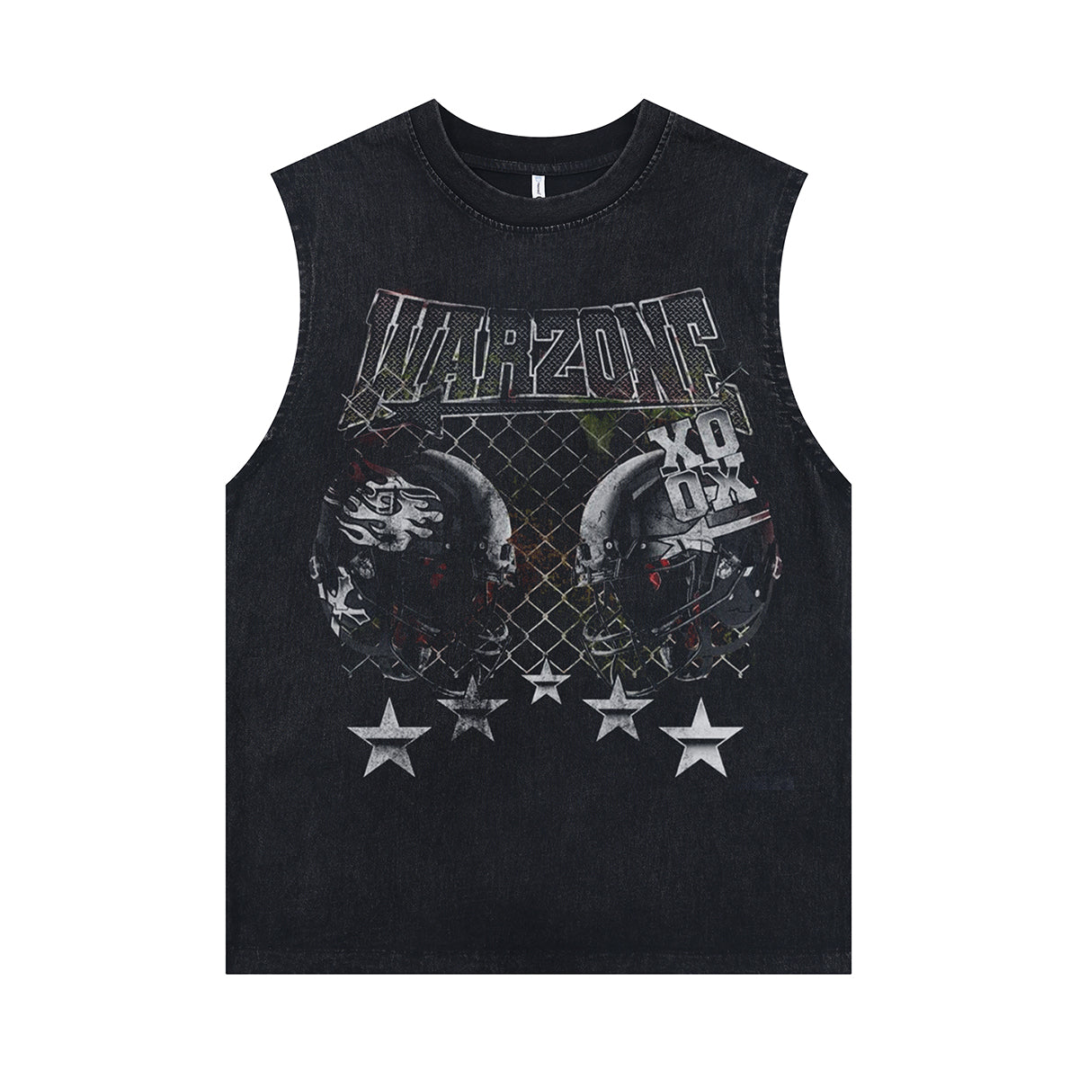 Hockey helmet sleeveless t-shirt baseball surfer vest American sports tank top in acid wash black