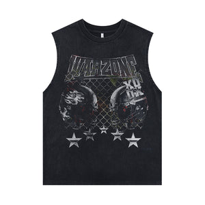 Hockey helmet sleeveless t-shirt baseball surfer vest American sports tank top in acid wash black