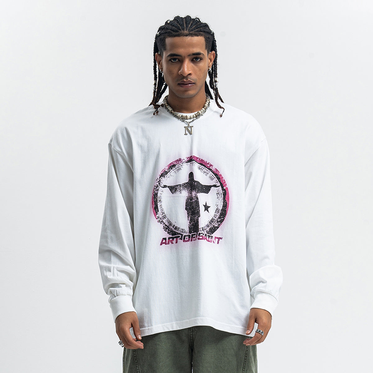 Saint print long sleeve top neon graffiti jumper grunge religion t-shirt in white