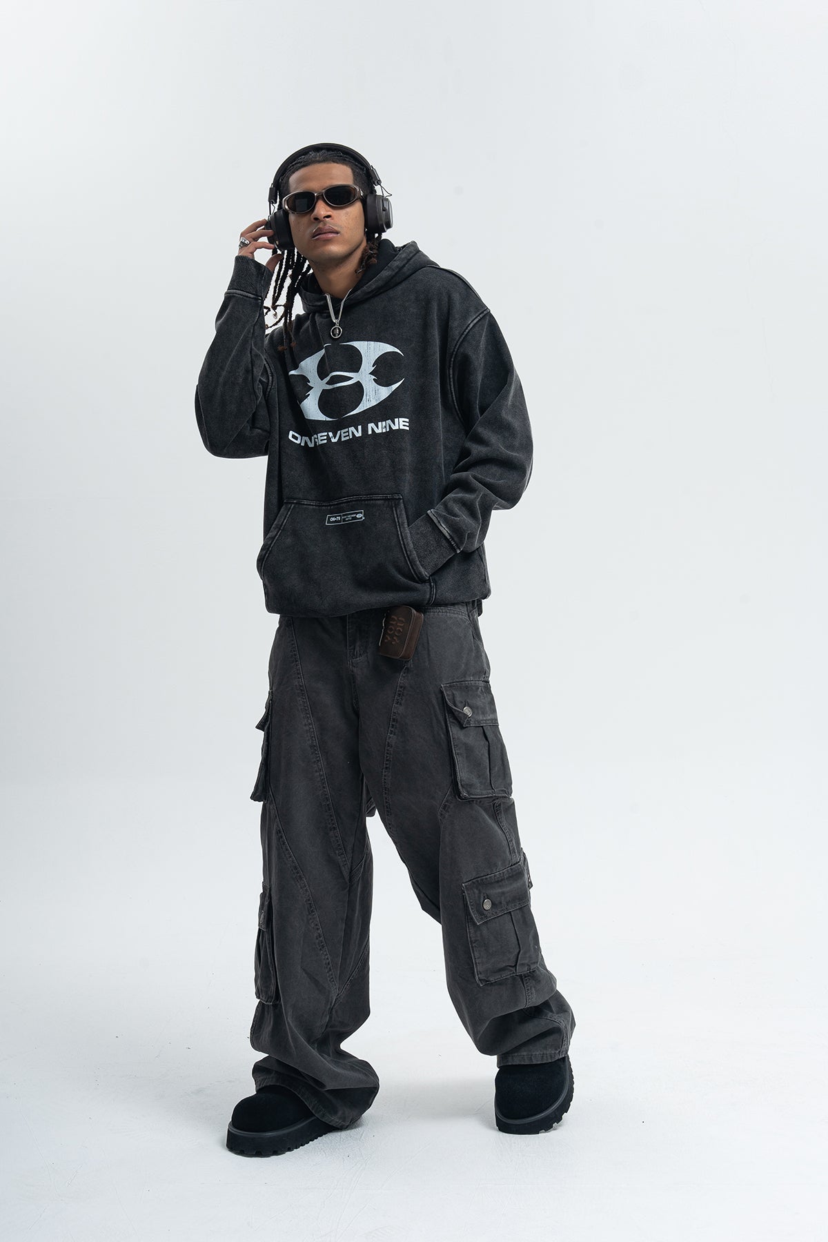 Cyberpunk hoodie tribal print pullover vintage wash raver jumper in acid grey