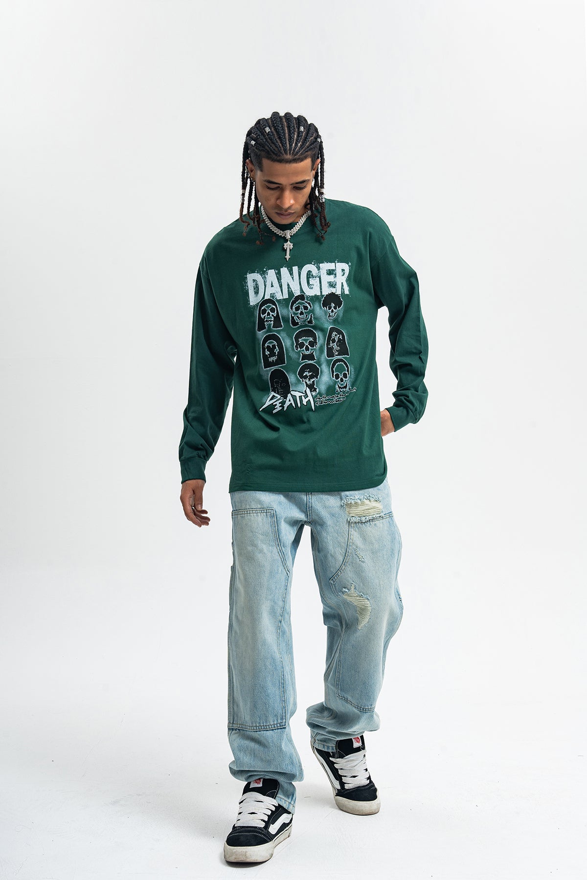 Danger slogan jumper skull print top 90s gothic poster long sleeve t-shirt in green