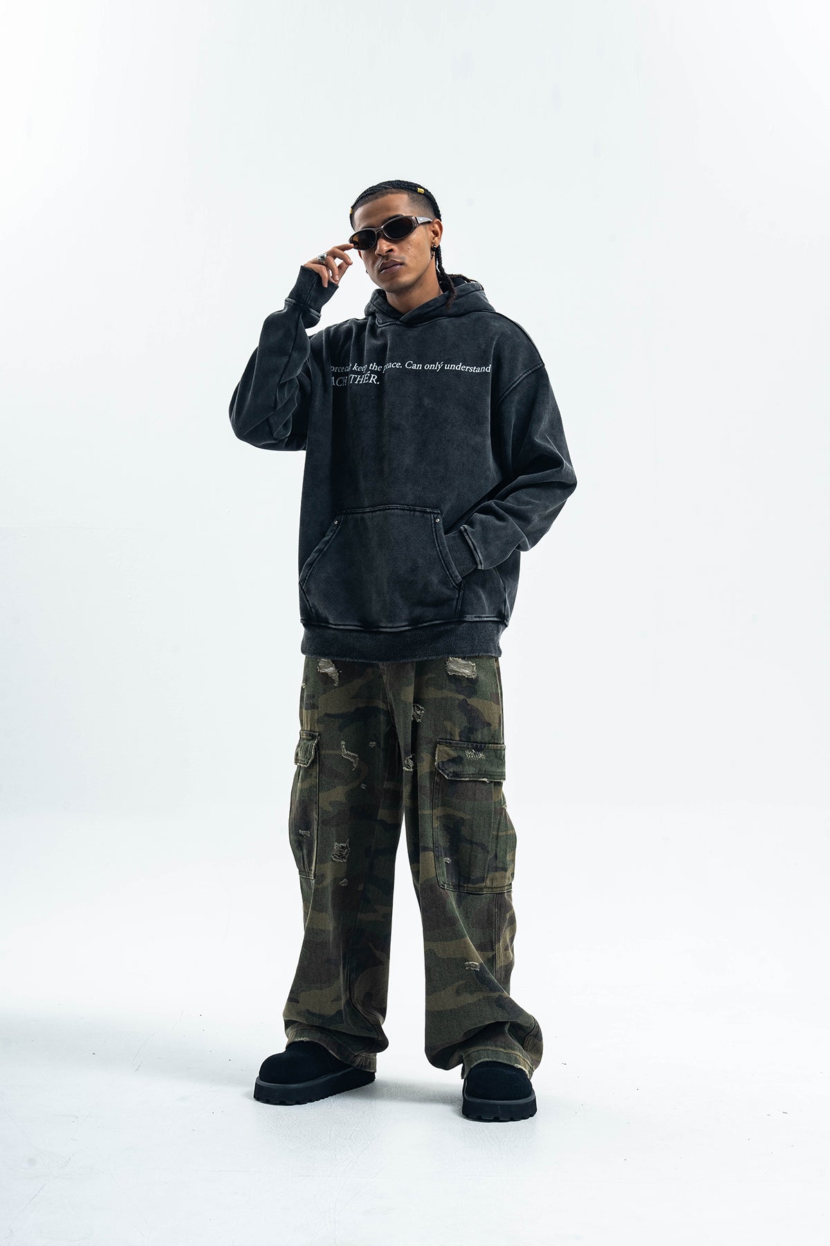 Peace slogan hoodie vintage wash anti war pullover retro jumper in acid grey