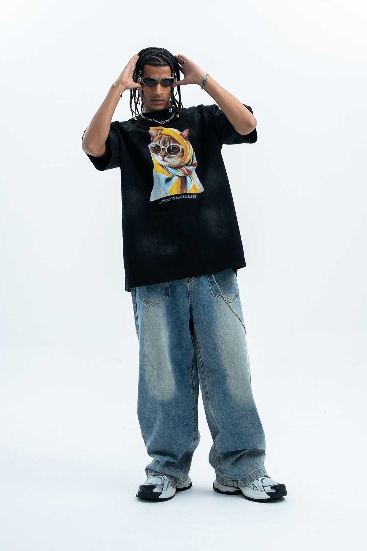 Cat print t-shirt retro cartoon top funny tee in black