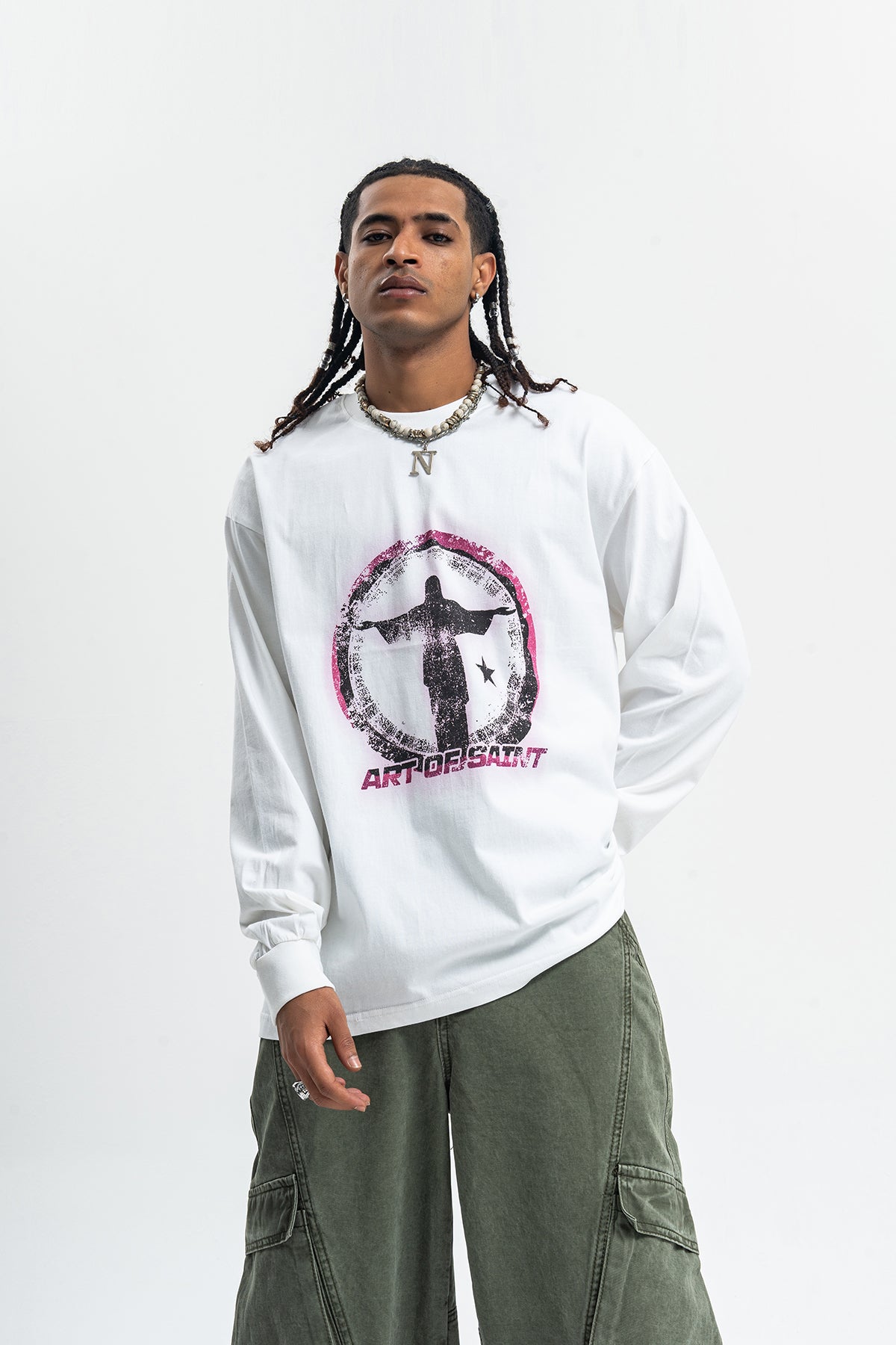 Saint print long sleeve top neon graffiti jumper grunge religion t-shirt in white