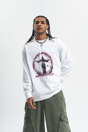 Saint print long sleeve top neon graffiti jumper grunge religion t-shirt in white