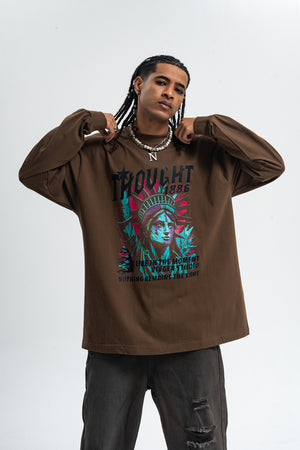 Statue of Liberty jumper creepy American top long sleeve USA t-shirt in brown